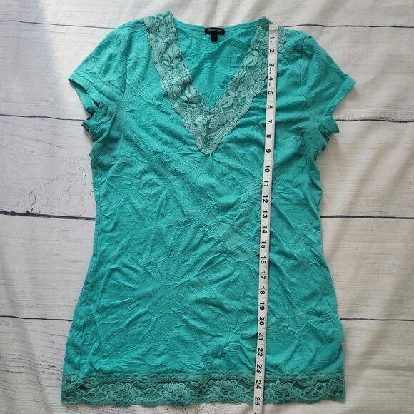 Maurices Size M Teal Crinkle Lace Trim V Neck Top Y2K Feminine Boho - Picture 4 of 9